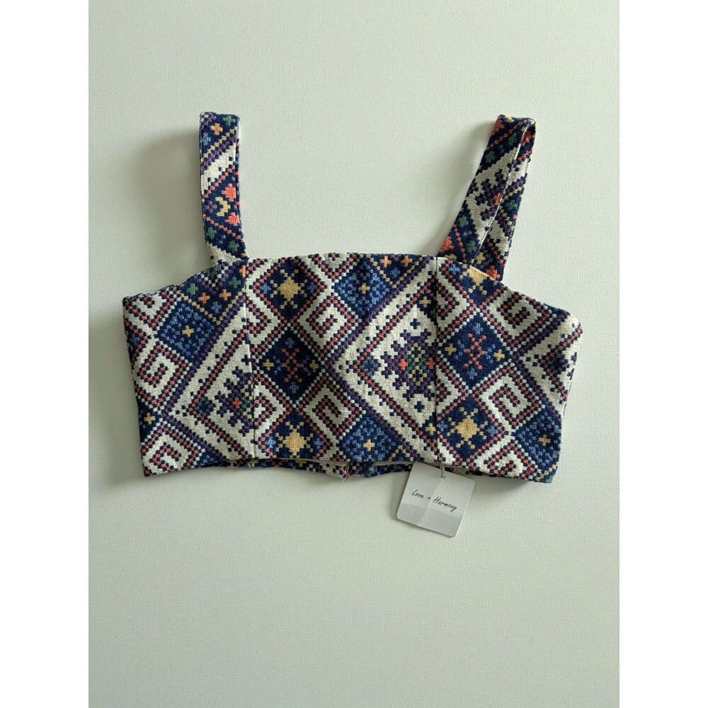 NWT Love + Harmony Crop Top Blue Pink Tapestry Zip Back Festival Boho Tribal L